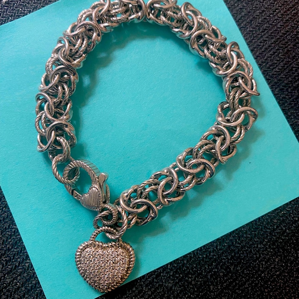 Judith Ripka Sterling Silver Diamonique heart bracelet. Pre owned A+++ condition